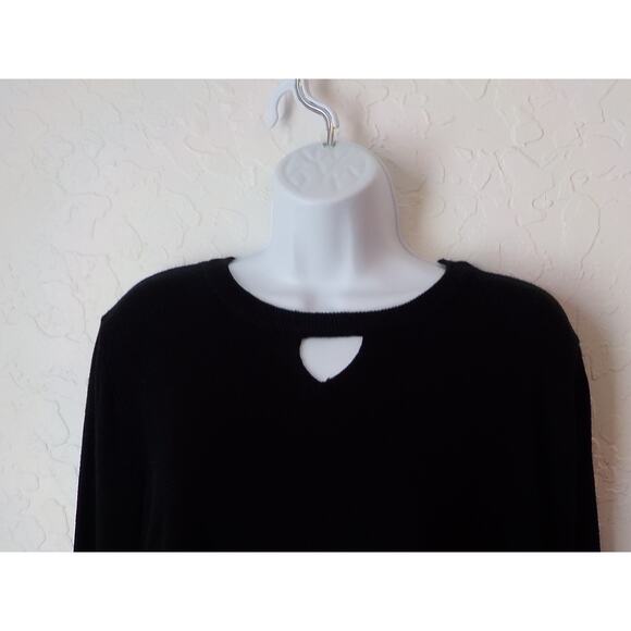 ONE A Women Large Black Top Knit Front Rayon Back Keyhole Long Sleeve Hi-LowHem - Picture 5 of 10